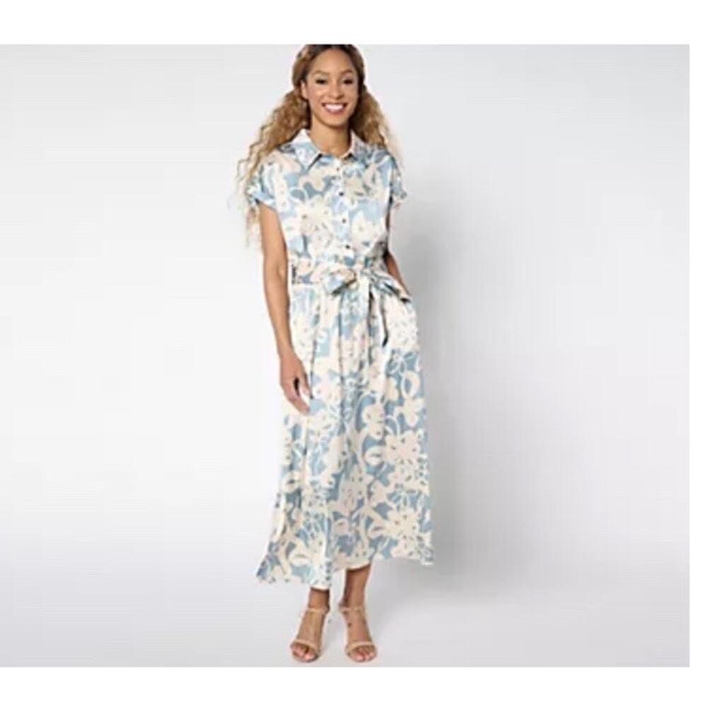 Susan Graver Dress Size XXS Reg Printed Charmeuse Midi Cream Blue Floral QVC